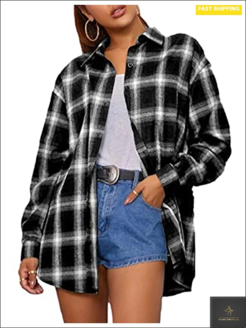 Oversized Plaid Button Down Shirt, Cotton Long Sleeve Crop Top, Flannel Jacket